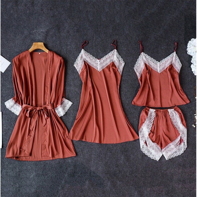 Set Áo Khoác 3 Món Gồm Áo Khoác Đầm Ngủ Đồ Bộ Lụa Satin Cao Cấp AAK-29AD-29AS-29