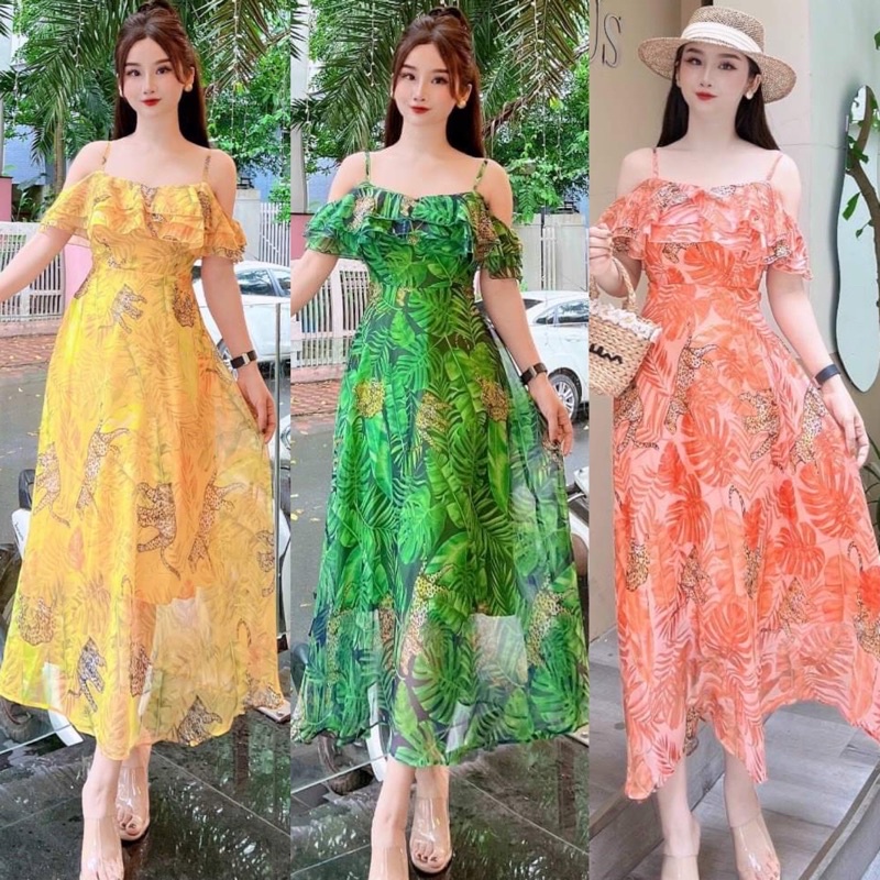 Đầm maxi 2s trễ vai hoạ tiết hoa xinh xắn (NEW💥)