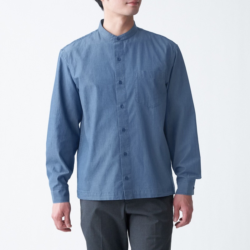 Muji Áo Sơ Mi Vải Chambray Cotton Ấn Độ Cổ Trụ