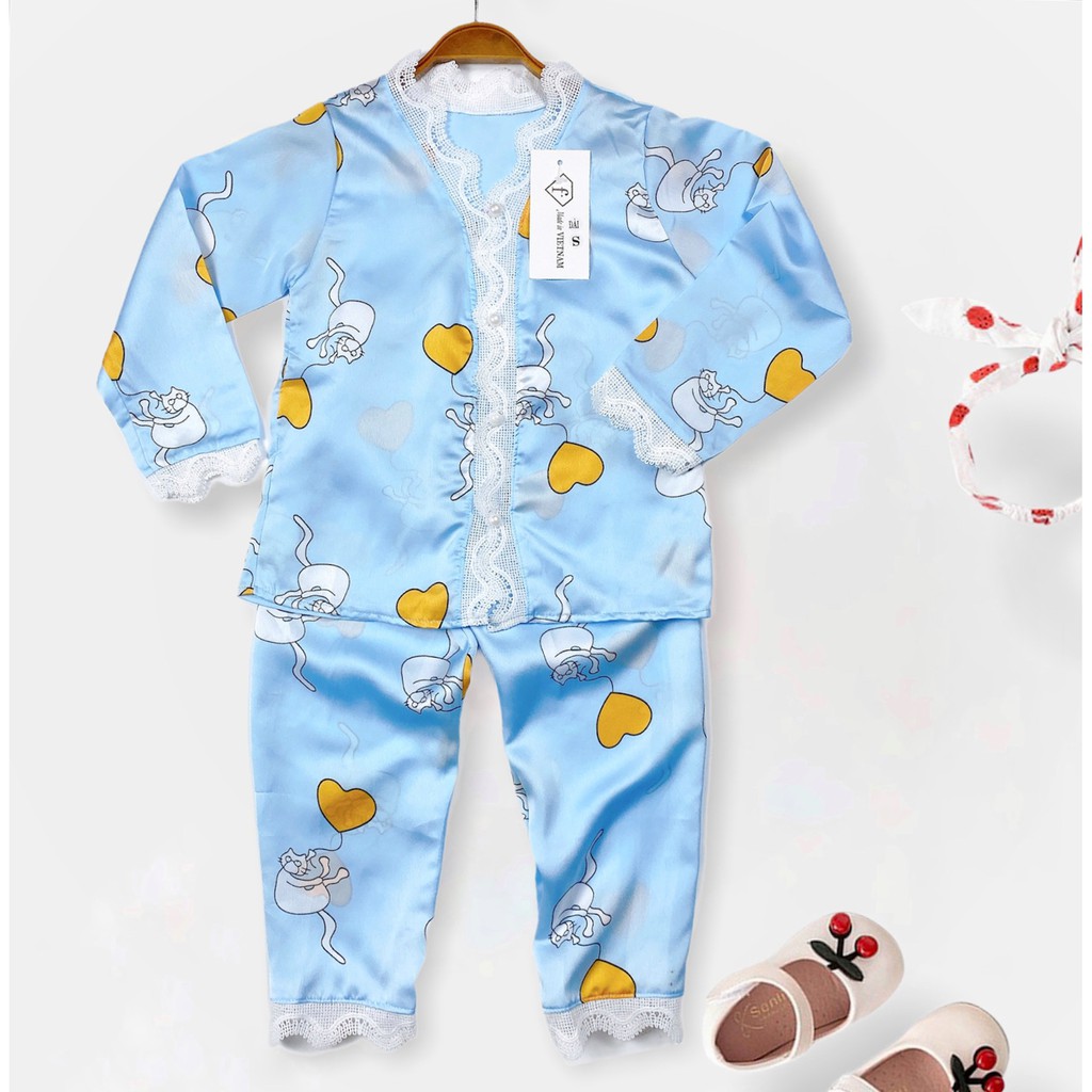 Bộ Đồ Ngủ Pijama Lụa Satin Siêu Xinh Dài Tay Mềm Mịn Cho Bé Gái BN24