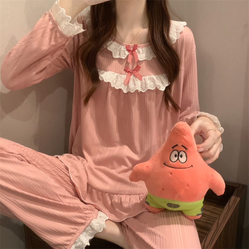 Bộ đồ ngủ nữ dài tay phối ren ngọt ngào