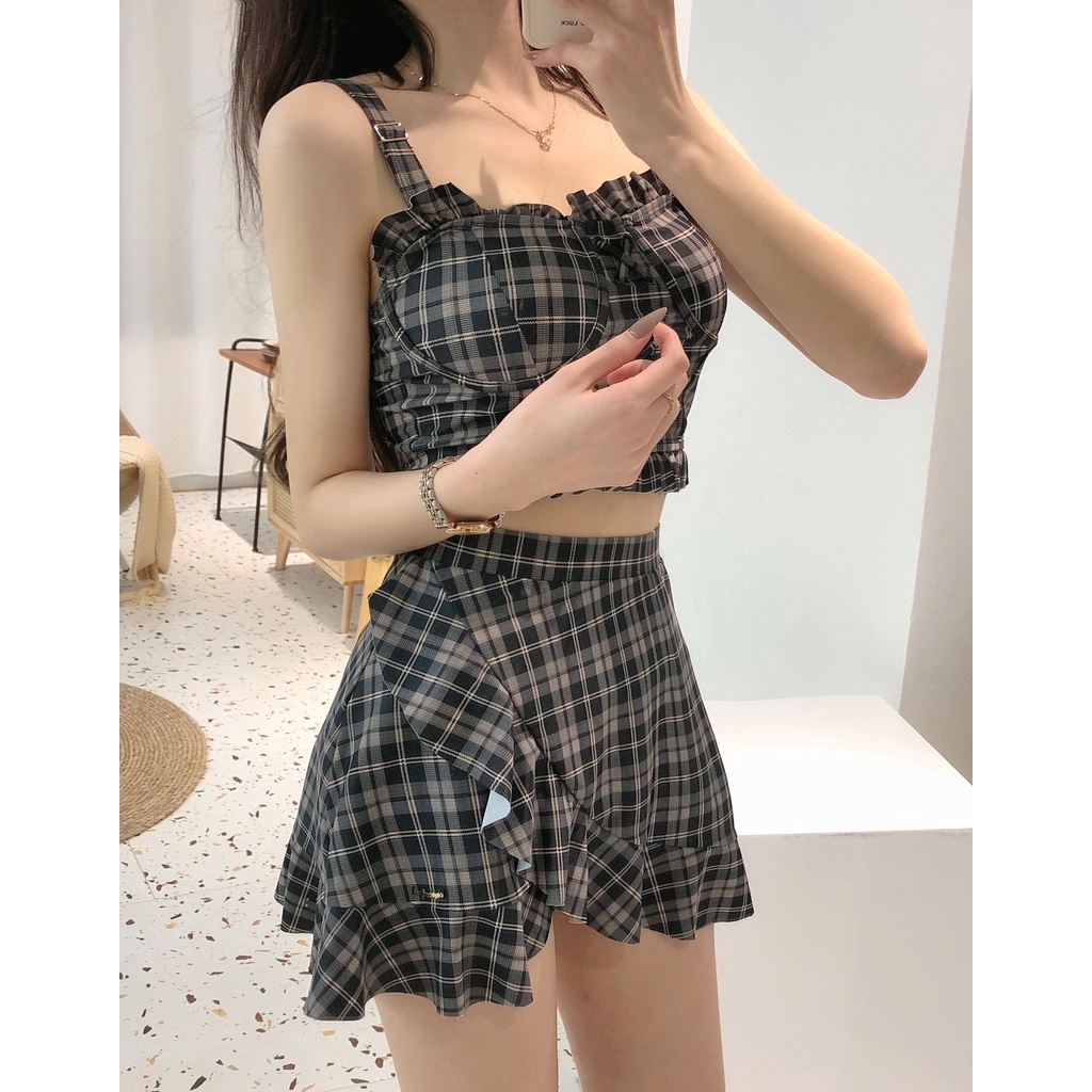 Mẫu mới 2023 Bikini Hàn Quốc áo nhún váy caro viền bèo Lolita dễ thương có quần váy kín đáo, đồ bơi xịn