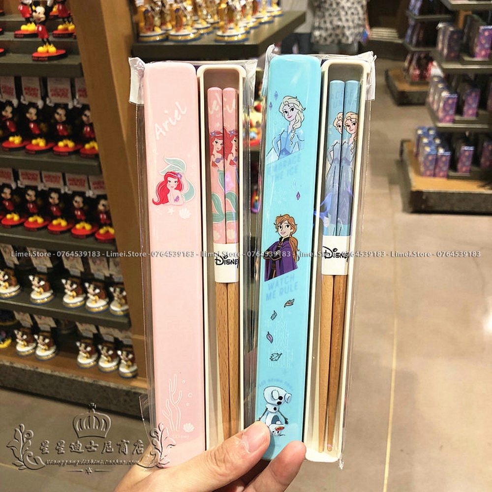 Set đũa gỗ kèm hộp hình Frozen Ariel cho trẻ em bé trai gái Disney