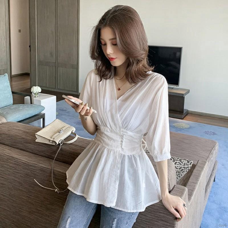 Áo chiffon nữ tay ngắn cổ chữ V thời trang Hàn Quốc