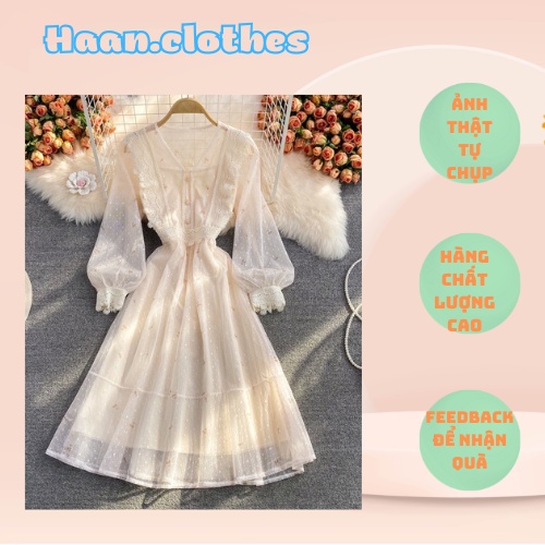 Đầm tay dài dáng tay đèn lồng đầm midi sang trọng cổ chữ V đủ size