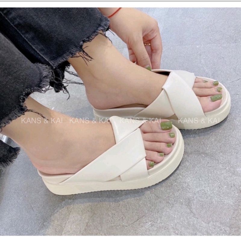 Sandal nữ trắng KANS & KAI, dép nữ cao 4cm phối quai chéo sành điệu, dép nữ quai ngang ms 8-18