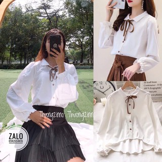 Áo sơ mi nhung lụa nơ cổ đẹp nhẹ nhành phong cách Hàn Quốc