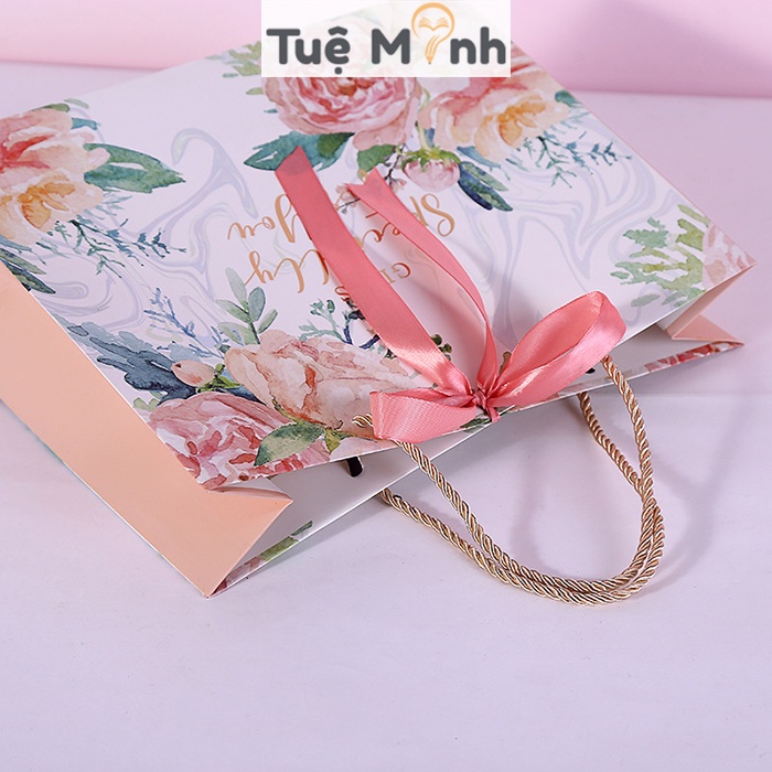 Túi giấy đựng quà họa tiết hoa hình chữ nhật, túi quà thắt nơ quai lụa xinh xắn