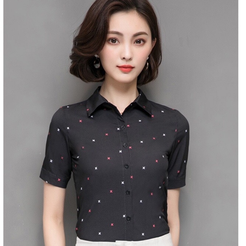 Áo sơ mi nữ ngắn tay phối họa tiết dấu x  Thời trang nữ công sở Thiết kế trẻ trung thanh lịch
