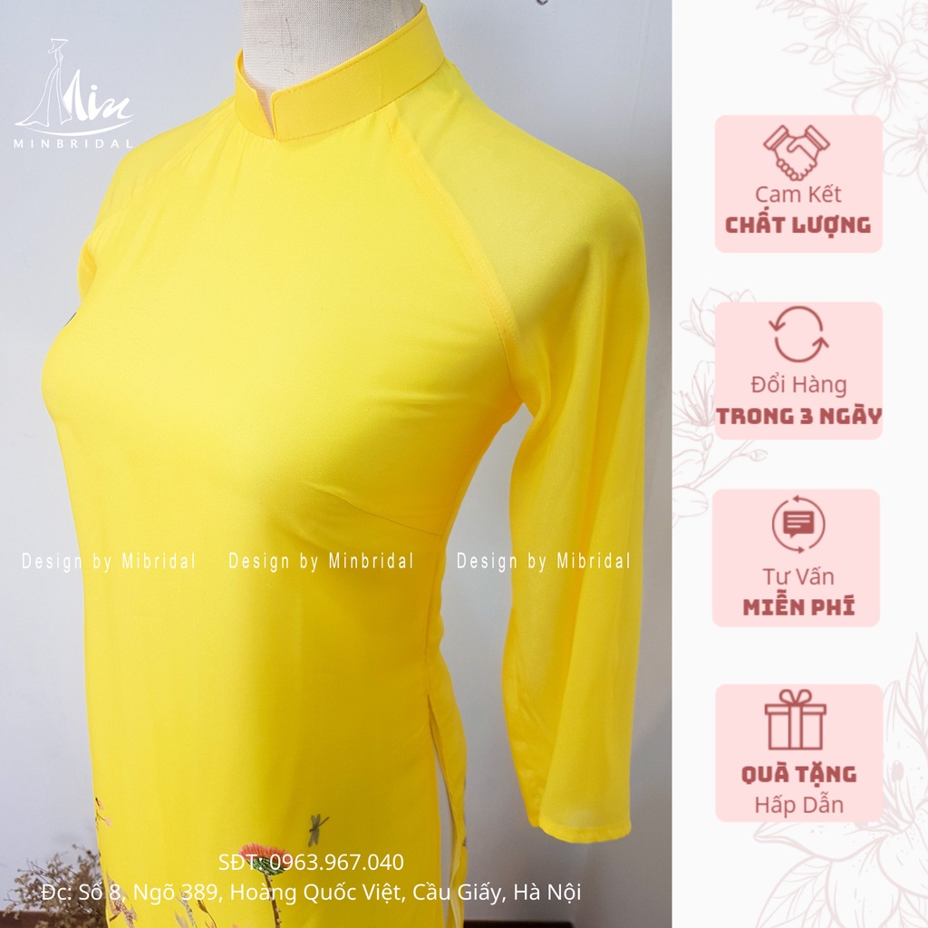 Ao Dài cách tân dáng xuông 4 tà chất liệu voan tơ óng in hoa văn màu vàng | BigBuy360 - bigbuy360.vn