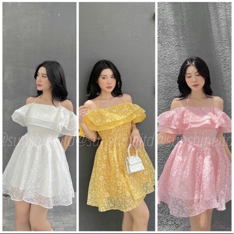Đầm ren xoè hoa nhí trễ vai cổ yếm siêu hot