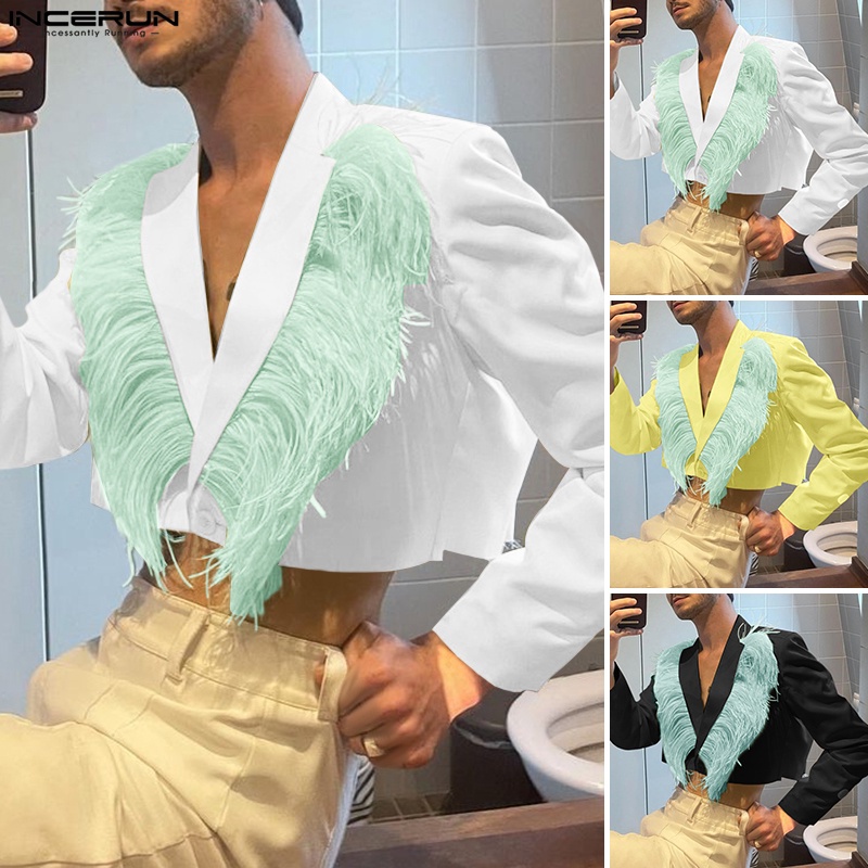 Áo khoác dáng ngắn INCERUN tay dài cổ chữ V thời trang cá tính cho nam