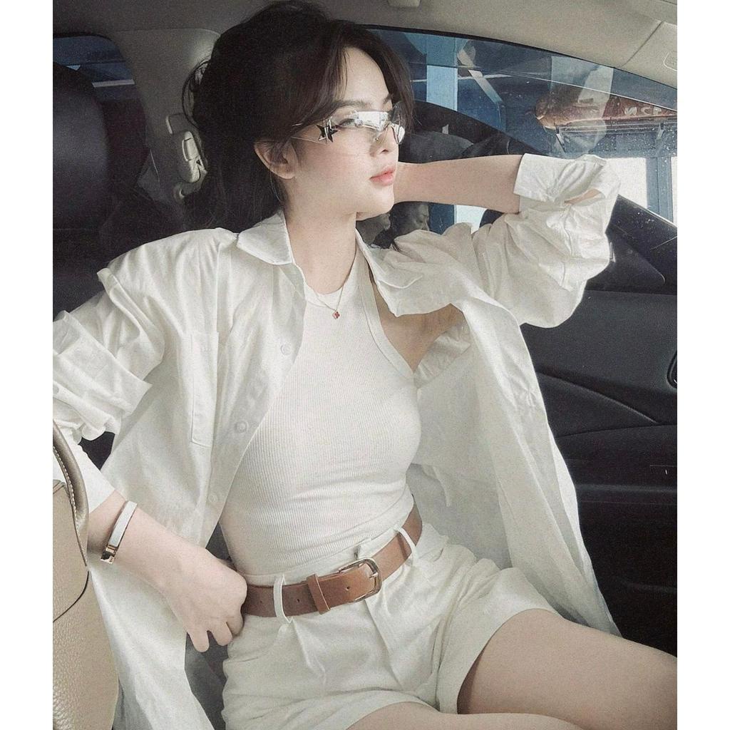 SET 4 MÓN: ÁO SƠ MI TRẮNG XẺ LƯNG + ÁO GÂN BA LỖ TRẮNG + QUẦN SHORT + BELT NÂU