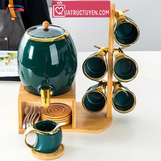 Bộ bình rót nước 6 cốc sứ giá gỗ kèm thìa sứ - Xanh ngọc bích viền vàng