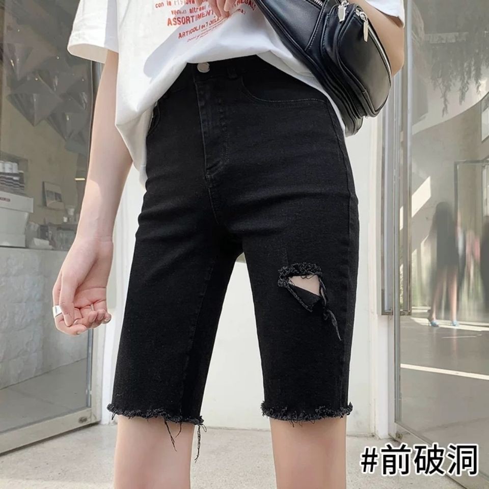 Quần short denim màu đen nữ năm điểm 2021 mới lưng cao cạp mỏng và bó sát mặc ngoài lót lỗ cho người nổi tiếng