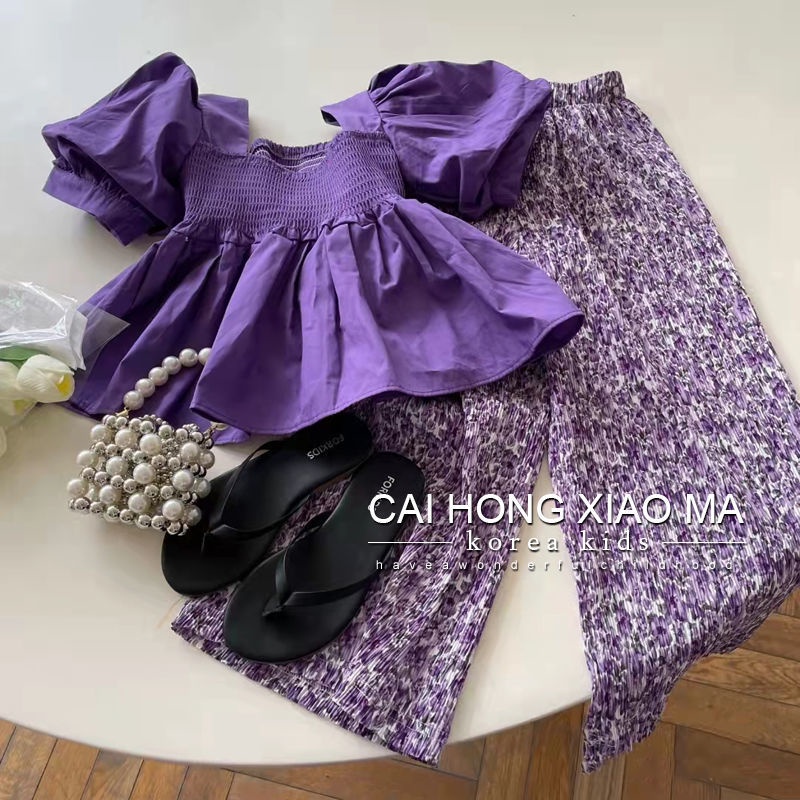 Set Áo Thun Tay Ngắn + Quần Dài In Hoa Cho Bé Gái