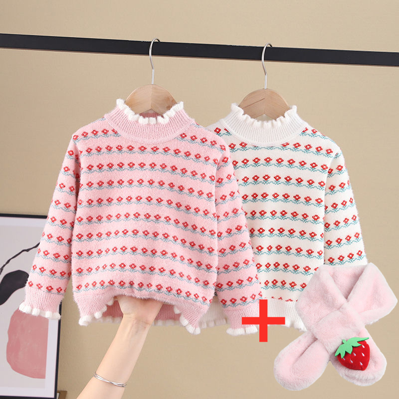 Áo Sweater NNJXD Dệt Kim Tay Dài Cổ Tròn Họa Tiết Hoa Thời Trang Thu Đông Kèm Khăn Choàng Dành Cho Bé Gái