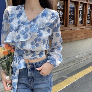 Áo croptop cổ V bèo ngực buộc nơ eo (có ảnh thật)