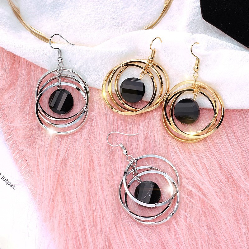 Đôi Bông Tai Vòng Tròn Đen Đính Đá Thời Trang Cho Nữ