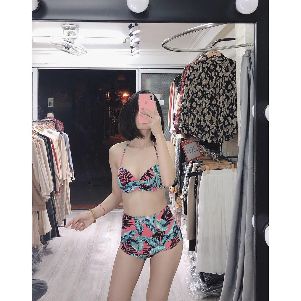 Bikini hai mảnh họa tiết hoa lá có gọng đi biển đi bơi hot