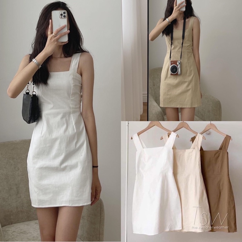 [Ảnh thật/Video]Váy hai dây bản to mididress Đầm hai dây chun lưng