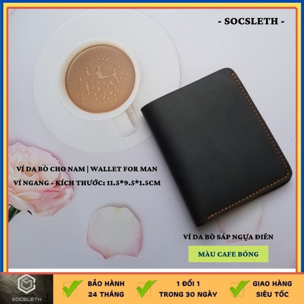 Bóp ví dáng đứng da bò sáp ngựa điên cho nam, màu cafe bóng cao cấp, bảo hành 2 năm, Socsleth mã SVSD01