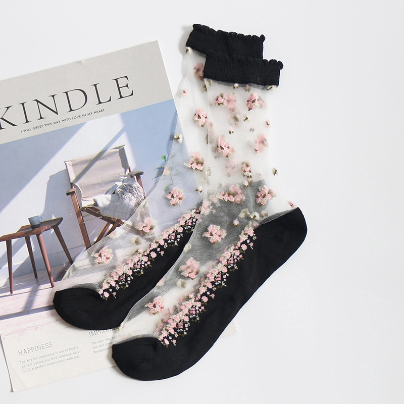 Spring summer Flowers Lace Harajuku Socks Women Transparent Mesh Calcetines