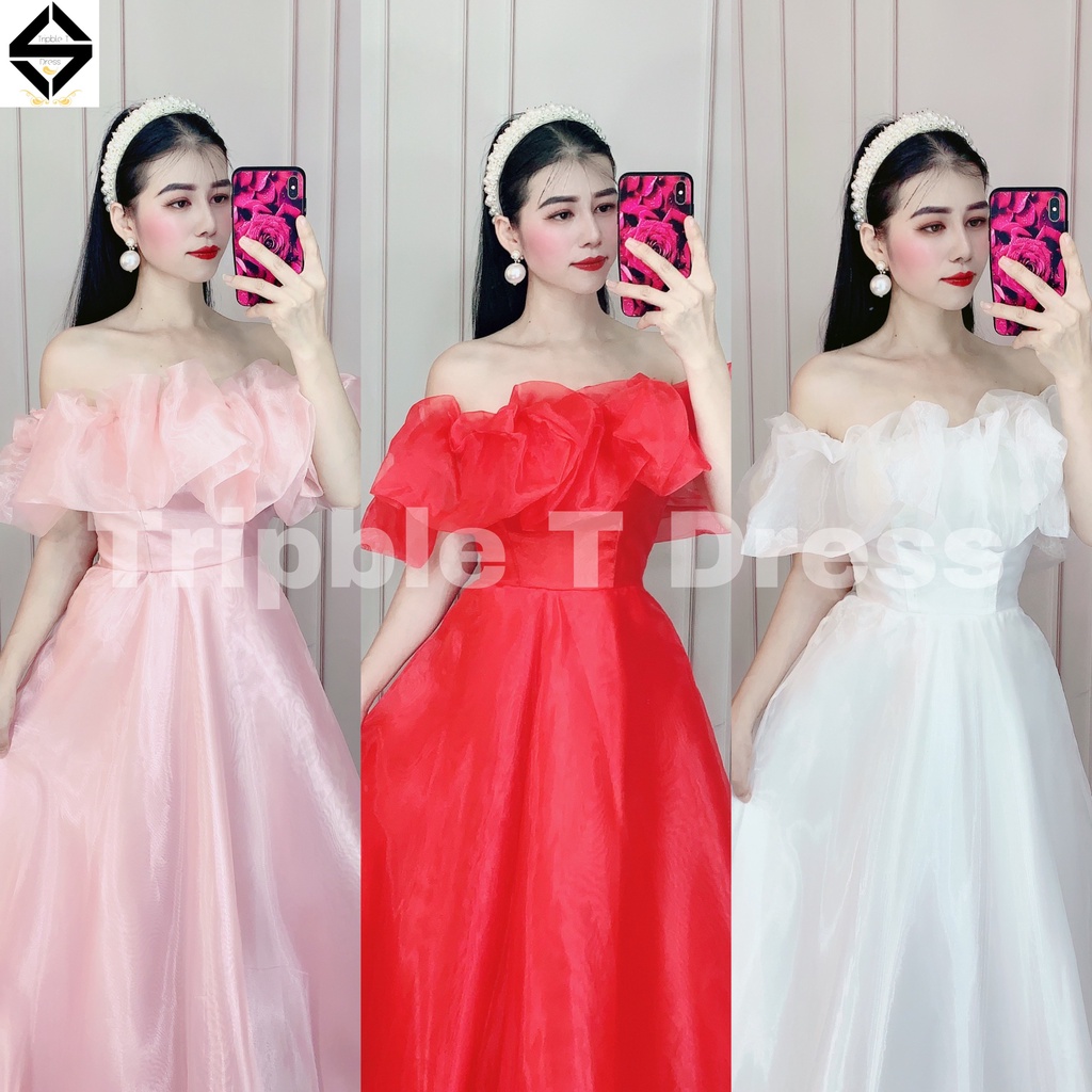 Đầm maxi voan kính nhún bèo bẹt vai TRIPBLE T DRESS - MS334V -size M/L