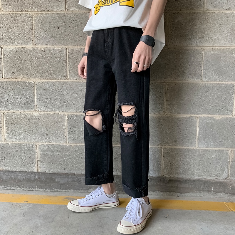 Quần jean nam - quần bò nam rách màu đen mã 09 quần baggy nam ống rộng