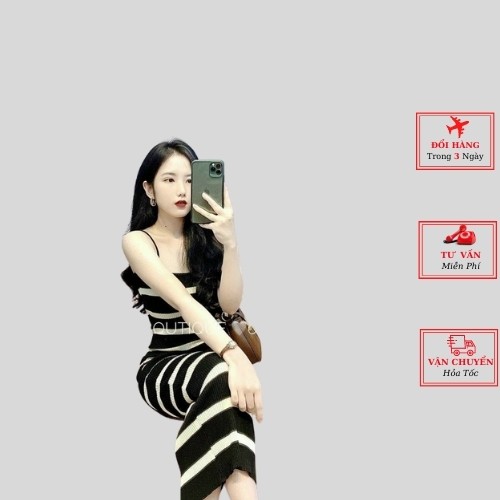 Đầm body len nữ 2 dây dáng dài maxi sọc kẻ ngang ulzzang Hàn Quốc thu đông