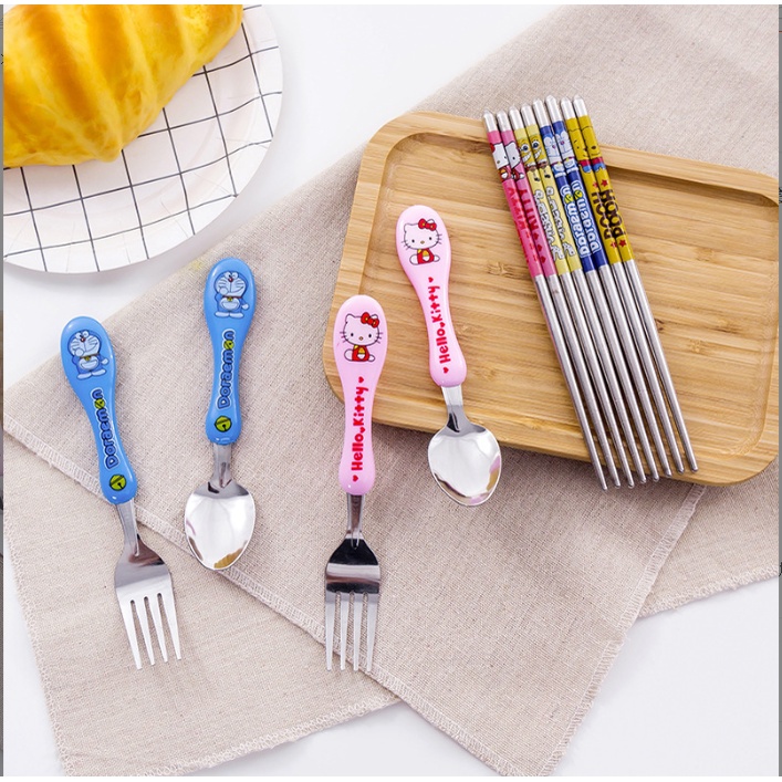 Bộ muỗng đũa tập ăn inox cao cấp Doremon, dụng cụ đũa thìa dĩa văn phòng