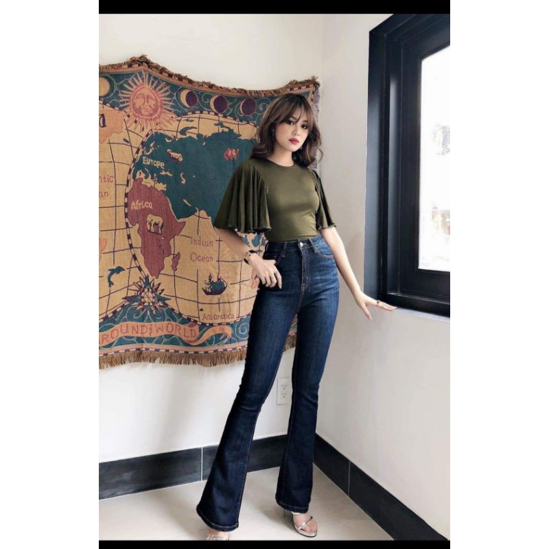 Quần bò loe dáng dài VNXK xanh đậm