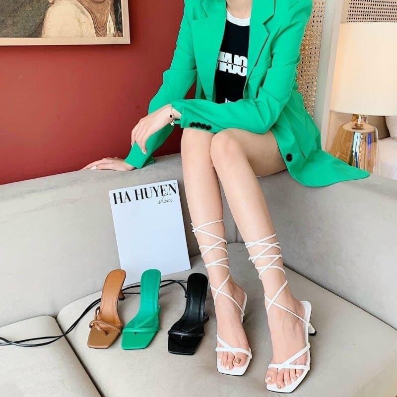 Giày sandal cao gót phối dây da rắn quấn cổ chân sang chảnh