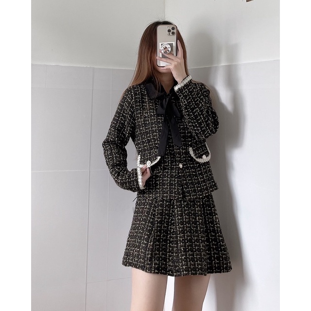 Set dạ cổ nơ đen (ảnh thật/ có sẵn)