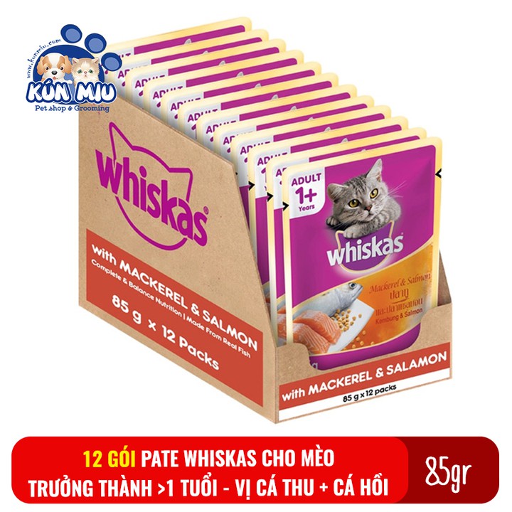 Combo 12 gói Thức ăn cho mèo Pate Whiskas gói 80gr
