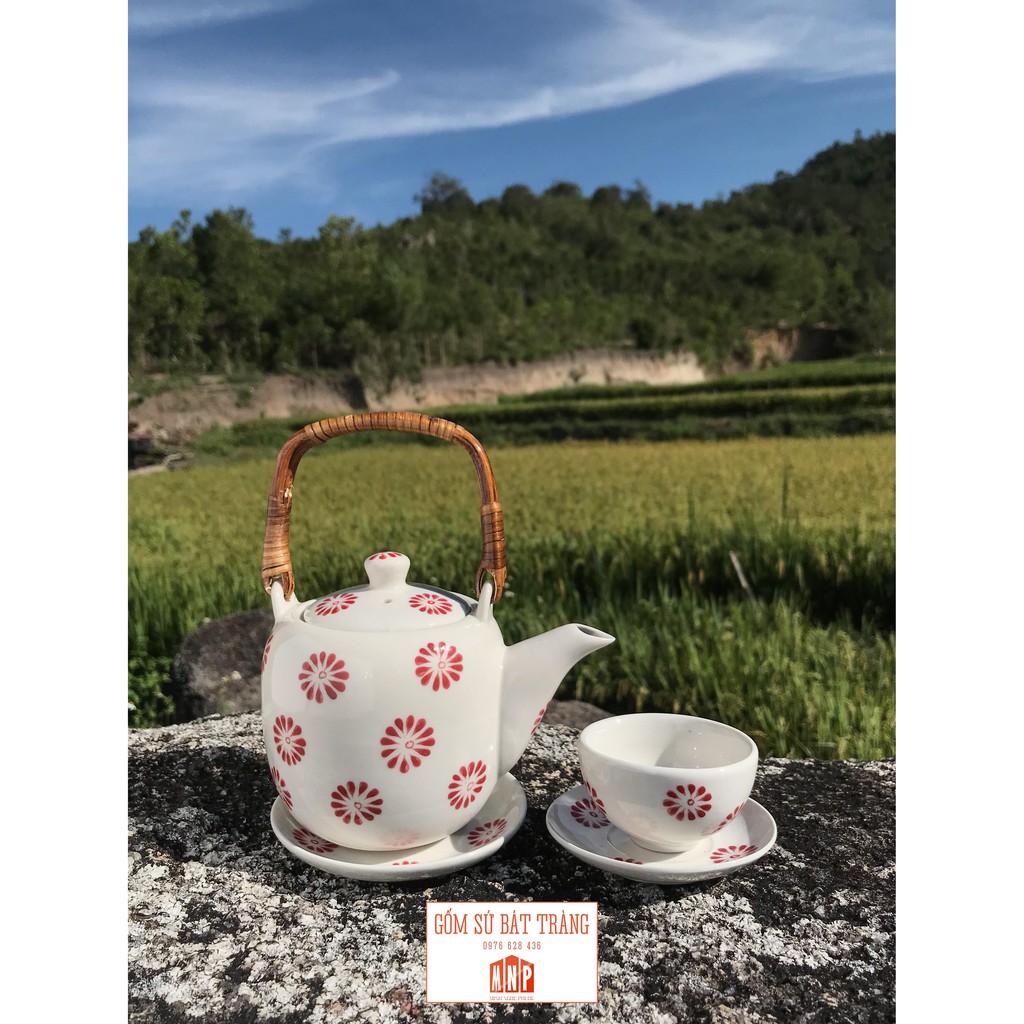 Bộ Ấm trà Sứ Bát Tràng vẽ tay Hoa đỏ ⚡DUNG TÍCH 520ml⚡