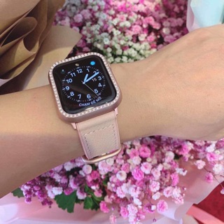Combo dây da hồng và ốp viền đính đá cho apple watch siêu dễ thươnh
