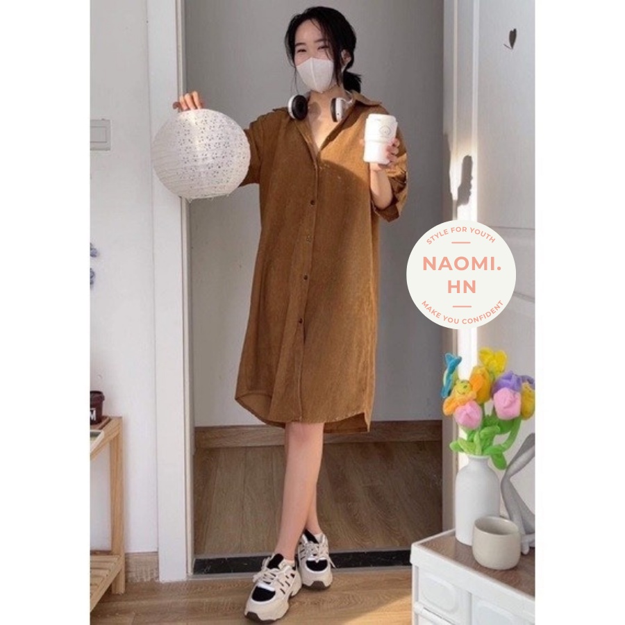 Váy sơ mi nữ nhung tăm cộc tay phối gấp tay kèm cúc. Đầm sơ mi nhung tăm dáng dài suông nhiều màu hothit