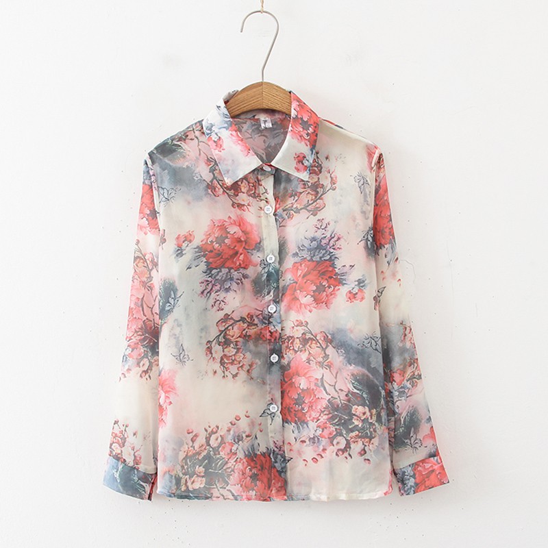 Áo Sơ Mi Nữ Tay Dài Dáng Rộng In Hoa Phong Cách Hàn Quốc