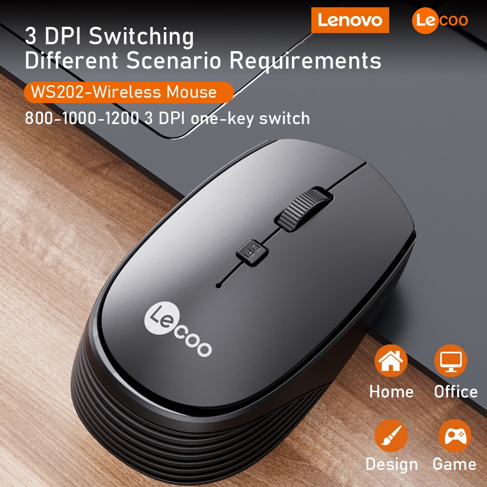 【6 tháng hư hỏng có thể thay mới】Chuột Quang Không Dây Lenovo WS202 2.4G 1200DPI Cho Máy Tính