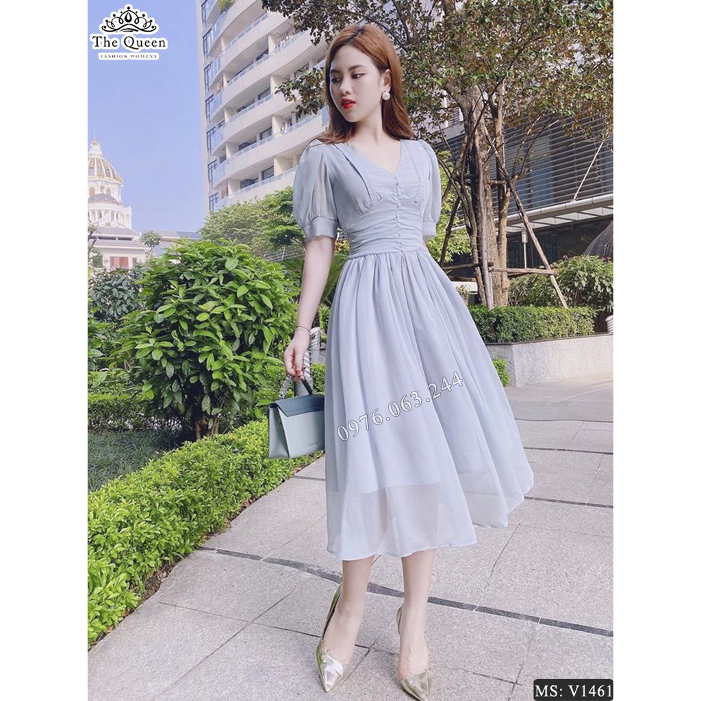 Váy xòe cổ V tay bồng V1461 đính hàng ngọc dọc - The Queen Fashion - Có kèm ảnh chụp thật sản phẩm