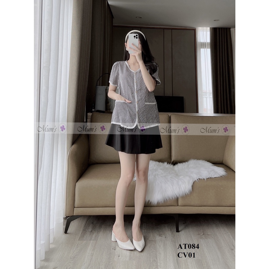 ÁO BẦU XINH MÙA HÈ MUM'S SHOP FREESHIP Áo bầu caro đen trắng cổ tim
