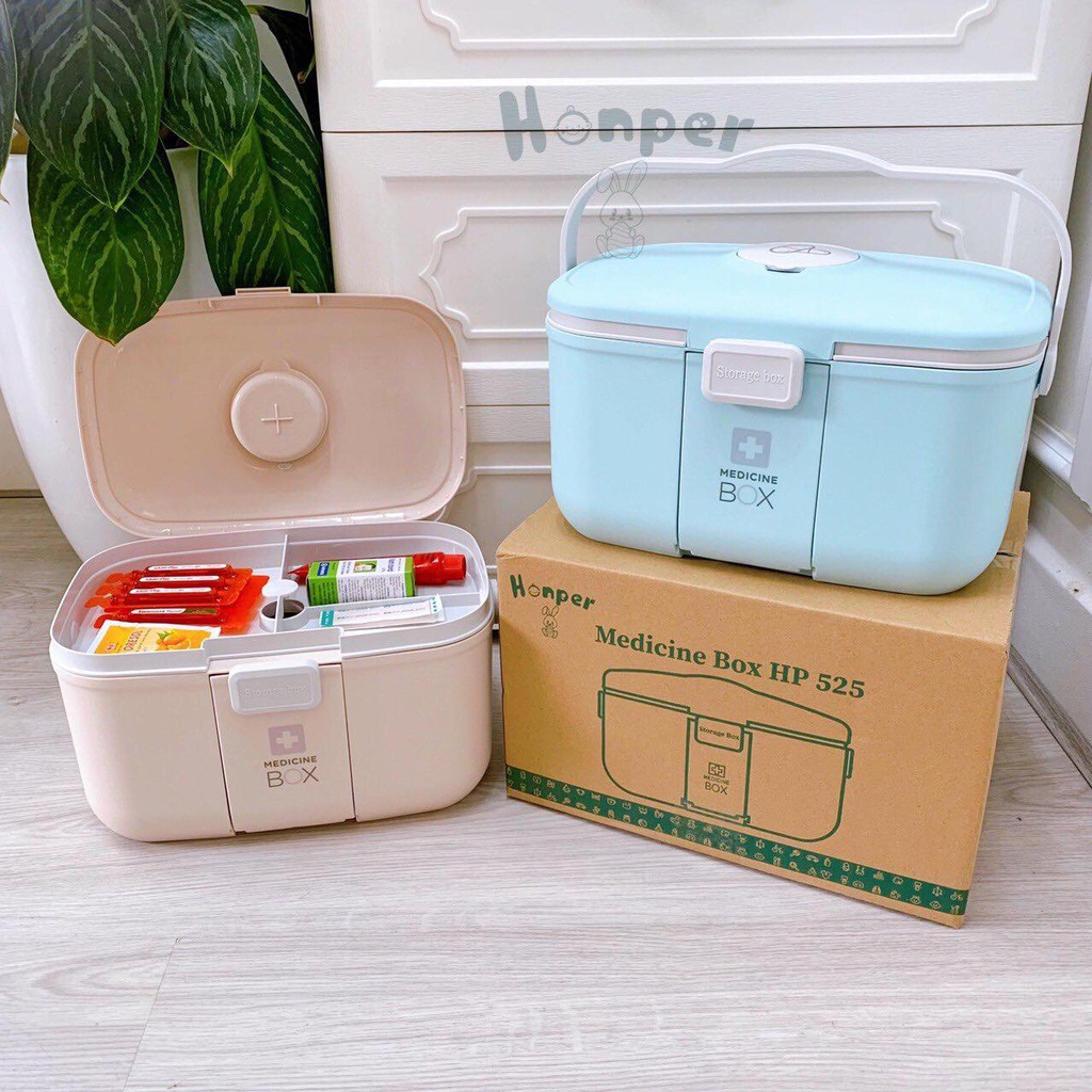 Hộp đựng thuốc gia đình đa năng size lớn Honper 2 tầng màu hồng - xanh