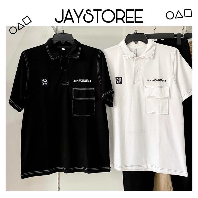 Áo Polo Unisex form rộng WONDER màu ĐEN/TRẮNG 🖤 Chất cá sấu form nam nữ unisex/Áo thun có cổ Jaystoree 🖤