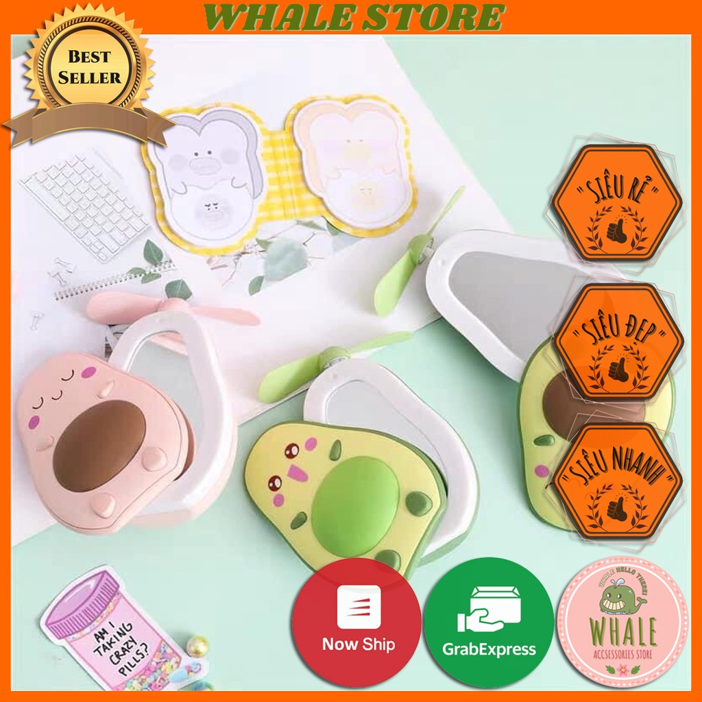 [Giảm 30% Nhập Mã WHALE3005] Quạt Mini Có Đèn Led Quạt Gương Mini Gương Hàn Quốc Hình Quả Bơ Cute Whale Store - WSTG3801