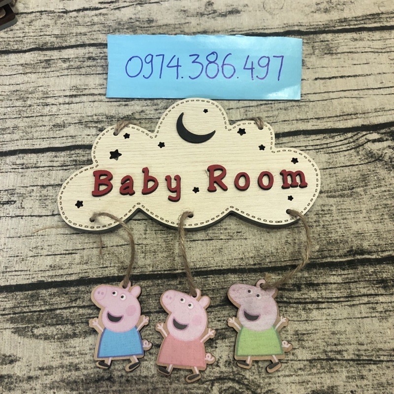 Bảng hiệu gỗ hình heo peppa chữ baby room treo phòng trẻ em