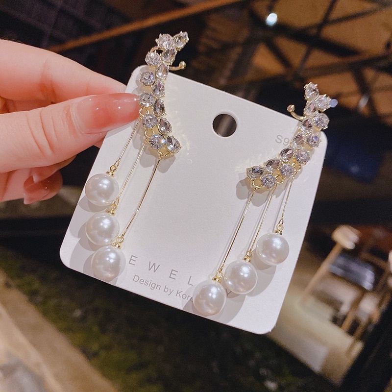 bông tai kẹp vành tua rua đính hạt bẹt, khuyên tai kẹp đính đá và châu sang chảnh