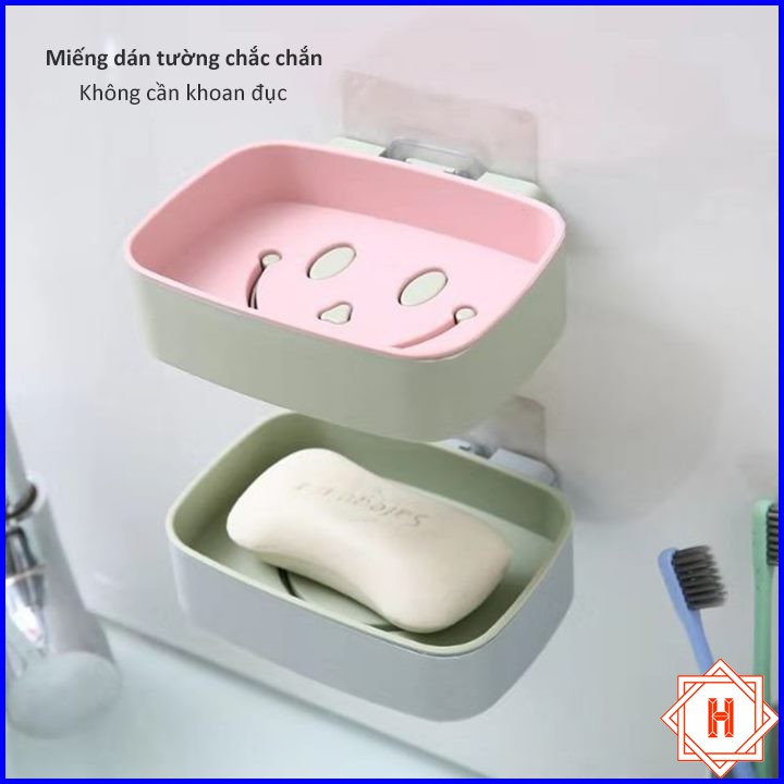 Khay Để Bánh Xà Phòng Dán Tường 2 Lớp Đáy Kín Hình Mặt Cười { H }