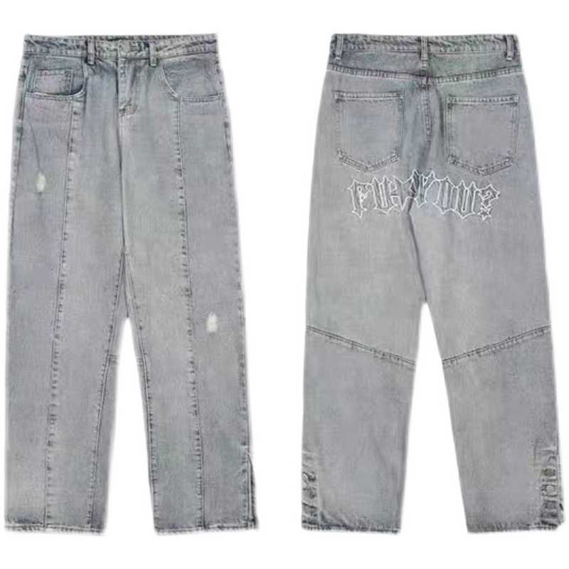 Quần jean ống rộng xẻ tà thêu chữ phong cách hip hop đường phố size M-3XL cho nam và nữ