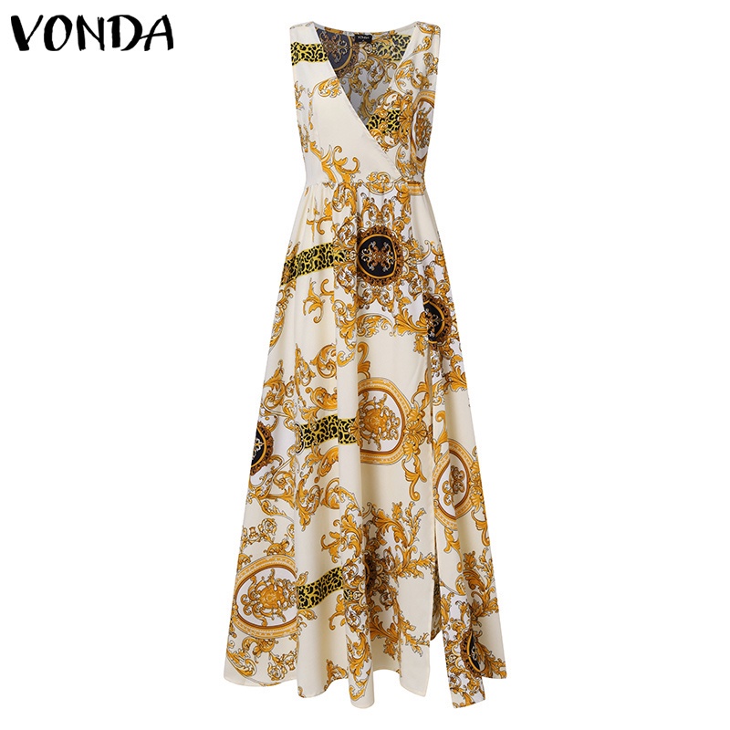 Đầm VONDA dáng dài không tay cổ chữ V in họa tiết cổ điển gợi cảm xẻ tà